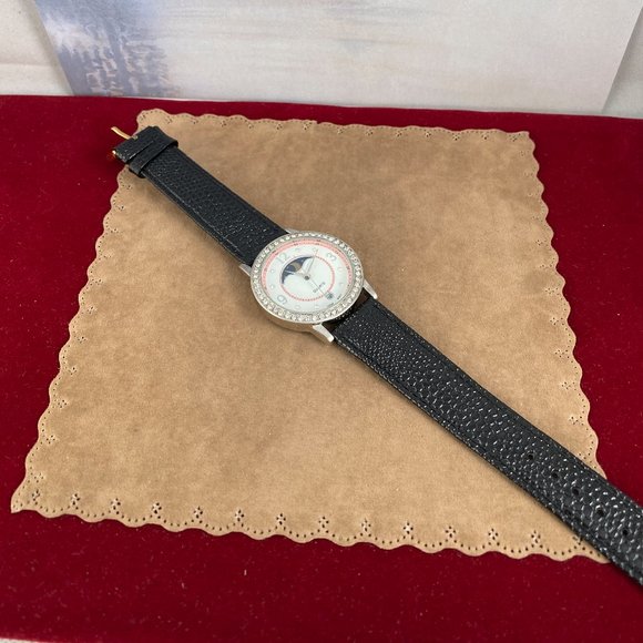 Vintage Moon Phase Watch Crystals Pink Black Strap W Date